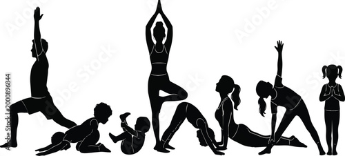 A beautiful vector graphic illustration depicting a sequence of diverse yoga poses performed by various family members from infancy to adulthood, promoting physical wellness and mental tranquility on 