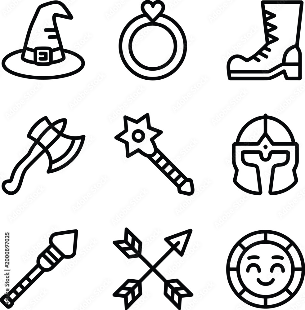 Fototapeta premium Fantasy and medieval object icons with emoticon