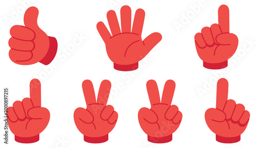 Red foam hand gestures vector design showing different finger counts and thumbs up, isolated on white background, sports fan support symbols, team spirit and victory concept, cheering and celebration 