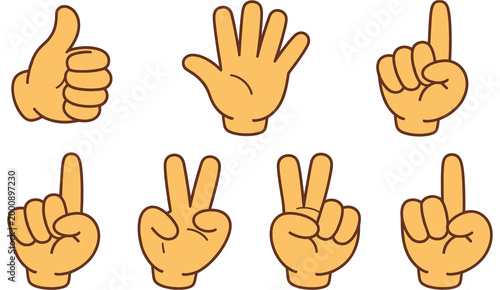 foam hand gesture icon set, multiple finger counts and thumbs up signs, sports cheering and fan support symbols, victory and team spirit concept, clean vector illustration isolated on white background