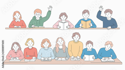 Students classroom learning, reading writing raising hands asking questions, school education environment, attentive pupils studying together indoors