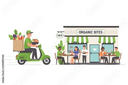 Healthy Bites: A vibrant scene unfolds as a delivery person zooms by on a scooter carrying fresh produce, while inside the cafe, patrons enjoy wholesome meals.