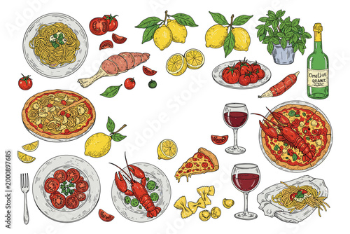 Gastronomic Palette: An assortment of culinary delights from Italy, meticulously arranged to showcase the rich and diverse flavors, offering a feast for the eyes and a promise of exquisite tastes.