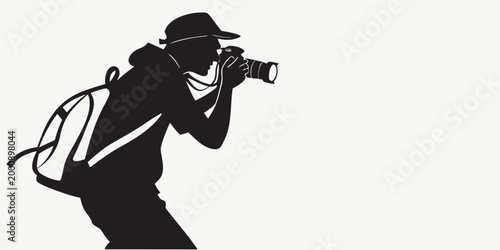 Fotografia Graphic silhouette of a photographer wearing a backpack with photographer backpa