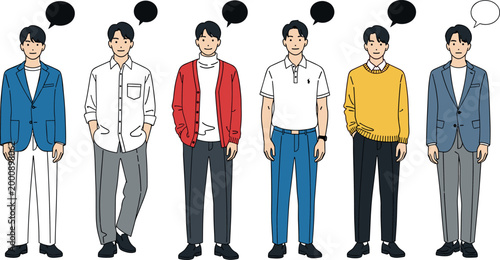 Male Character Set in Various Outfits with Speech Bubbles for Communication, Dialogue, and Character Design Projects