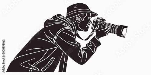 Quadro su tela Detailed graphic illustration of a photographer using a digital camera with phot