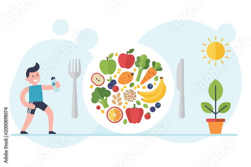 Nutrition for life: A vibrant illustration showcasing the essentials of a healthy lifestyle, with a smiling athlete standing alongside a plate bursting with fresh fruits and vegetables.