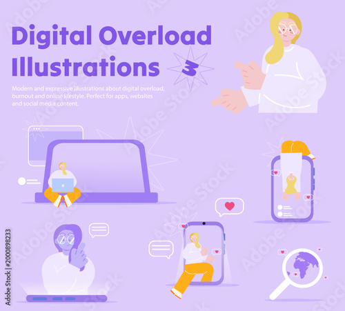 Modern flat illustration set about digital overload, online burnout and social media addiction. Perfect for apps, websites, UI, banners and social media design.