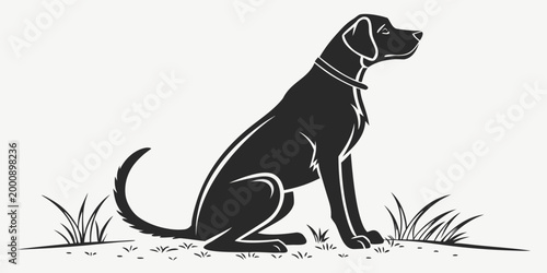 Canvas Print Simple silhouette graphic of a sitting dog in the grass with silhouette illustra