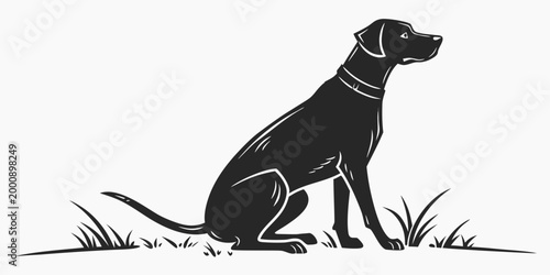 Billede på lærred Minimalist silhouette graphic of a dog sitting in a meadow with silhouette illus