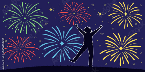 Silhouette of a happy person celebrating with fireworks in the night sky celebration fireworks silhouette excitement festival cheering colorful illustration lifestyle nighttime celebrating