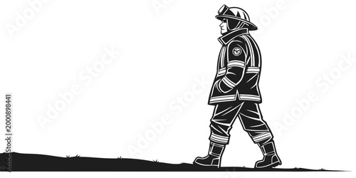 Black and white silhouette of a firefighter walking on a hill with firefighter silhouette emergency professional protection fighting standing equipment minimalist illustration isolated