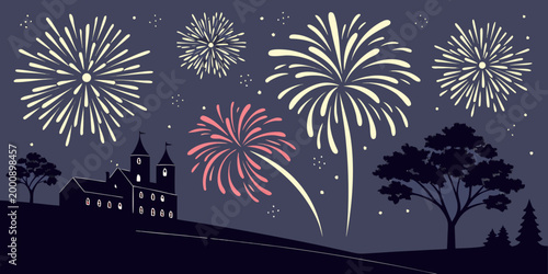 Nighttime scene featuring fireworks display over silhouette of castle and trees fireworks celebration silhouette pyrotechnics landscape illustration outdoors sparkles patterns independence
