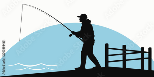 Silhouette of fisherman casting fishing rod on waterfront pier with fisherman silhouette recreation outdoors activity vacation lifestyle equipment standing peaceful relaxation illustration