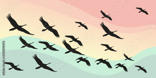 Flock of birds migrating over a soft abstract colorful gradient landscape background with migration silhouette landscape gradient background abstract wildlife outdoors illustration movement