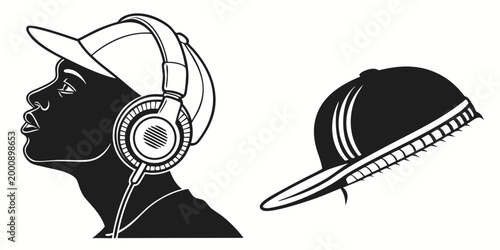 Young man wearing headphones and cap side profile illustration with headphones listening portrait lifestyle technology accessory headwear illustration monochrome entertainment streetwear