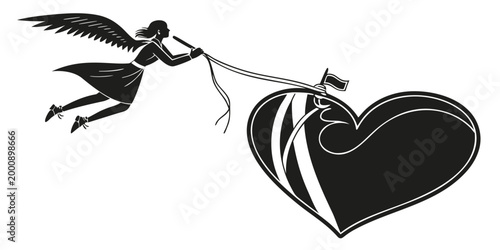 Angel flying pulling a large heart symbol graphic with valentines silhouette illustration devotion sentiment connection marriage kindness spiritual mythical celestial creative decoration