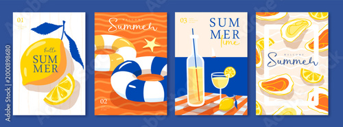 Set of summer Italian posters or covers with swim rings, cocktail, oysters, lemonade, lemons, tablecloth and beach landscape. Vector illustration