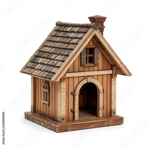 Charming wooden miniature house with arched doorway and shingled roof presented on white background