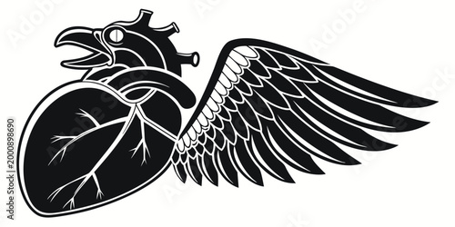 Anatomical heart with bird head and wing illustration anatomical illustration silhouette biological creature mystical creative scientific detailed abstract metaphor strength