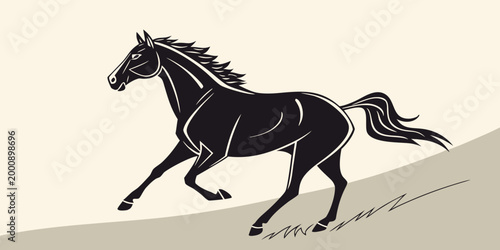 Silhouette illustration of a black horse running across stylized grassy terrain with silhouette galloping graphics movement illustration isolated equestrian strength majestic powerful
