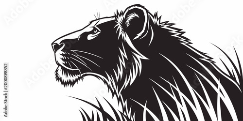 Black and white vector illustration of a majestic lion head profile in tall grass with predator wildlife silhouette illustration strength monochrome abstract portrait majestic savannah