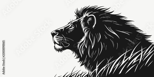 Majestic male lion profile portrait in black and white graphic style with wildlife predator portrait majestic strength wilderness illustration minimalist protected conservation creature