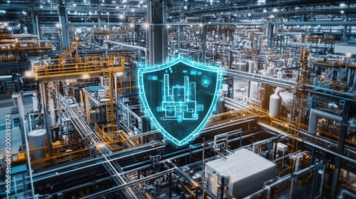 Cybersecurity shield over digital industrial manufacturing plant