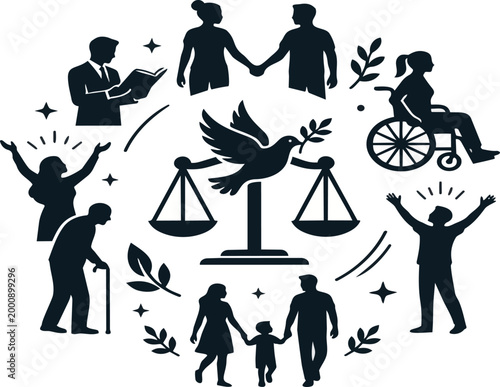 Abstract vector illustration depicting diverse people, scales of justice with a dove, symbolizing equality, community, inclusion, fairness, and social harmony on transparent background