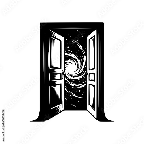 Unveiling Cosmic Realms: A surreal illustration presents an open door that unveils an immersive cosmic view of universe, inviting viewers to explore new horizons.
