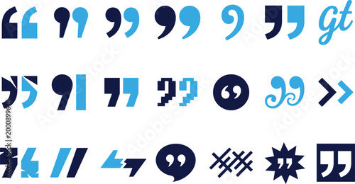 Set of quotation mark icons and symbols in blue and dark blue abstract pixelated and speech bubble designs.