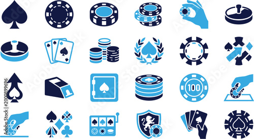 Gambling and casino icons like chips cards roulette slot machine and poker symbols.