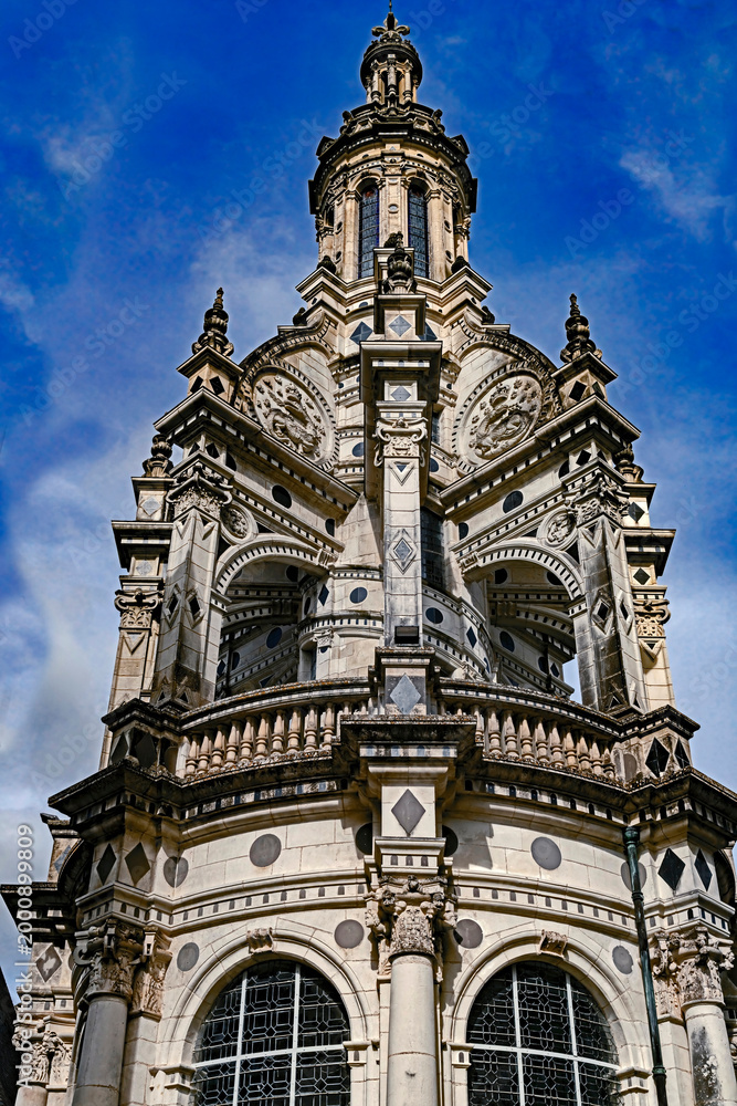 Fototapeta premium Tower above the central staircase of castle Chambord. Valley of river Loire, France. Years of construction 1520 - 1547