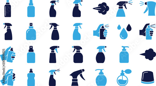 Spray bottles and cleaning icons in blue and dark blue for hygiene sanitation and household product application.