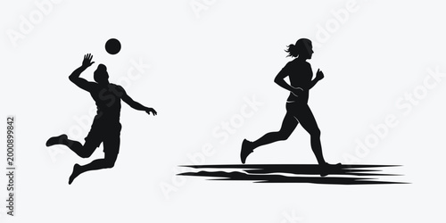 Black silhouettes of man playing volleyball and woman running Vector, EPS