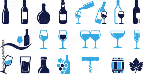 Set of wine and beverage icons including bottles glasses and corkscrew for restaurant.