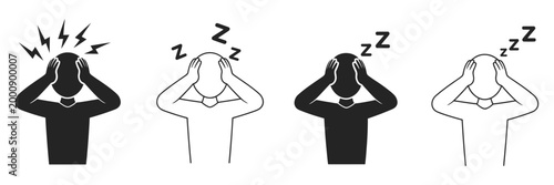 Set of icons headache, anxiety, stress, fatigue, burnout, anger, nervous tension, sleeping work, aggression, fatigue or exhausted, burnout on workplace, tired or disease person, clean vector 