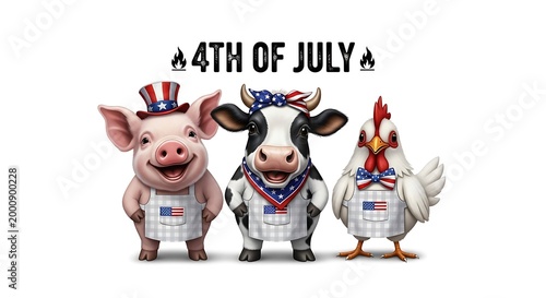 Patriotic farm animals wearing american themed outfits for 4th of july celebrations isolated on white background