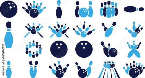Bowling icons in shades of blue showing balls pins strikes spares and group formations for sports recreation.