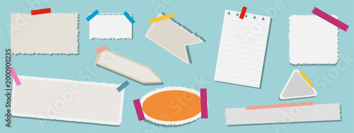 Set of blank torn paper notes and labels with colorful tape as reminder and list. Collection of note or memo pages. Vector illustration