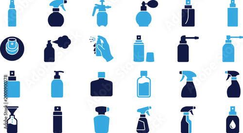 Assortment of spray bottle and dispenser icons for cleaning beauty and hygiene products in blue and dark blue.