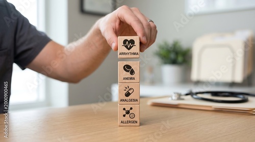 Person placing wooden blocks with medical terms on a table in a doctors office