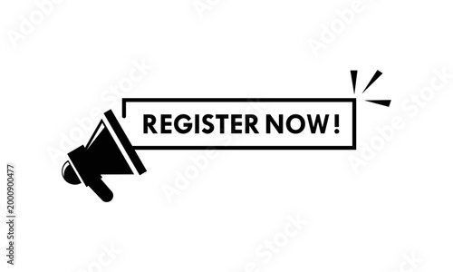 Minimalist black megaphone icon with Register Now message in an outline frame. Clean vector design for website registration, job hiring, and promotional alerts.