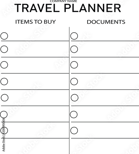 Minimalist Travel Planner Checklist Template with Items to Buy and Document Sections for Trip Organization