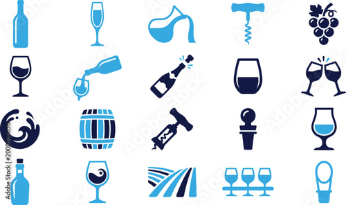 Wine and alcohol icons set bottle glass barrel corkscrew grapes icons flat design.