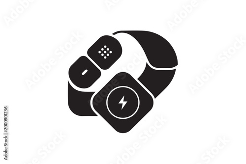 Wearable smart device icon featuring fitness tracking capabilities and integrated charging module for health monitoring and mobile connectivity.