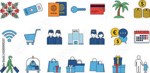 Flat Design Hospitality and Travel Icon Set with Hotel Staff and Vacation Essentials