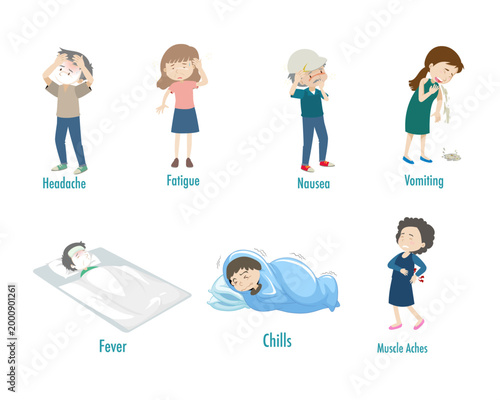 Malaria symptom set with headache, fatigue, nausea, vomiting, fever, chills and muscle aches, medical infographic illustration for healthcare education and disease awareness