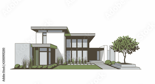 Modern Residential Home Exterior with Landscaping and Minimalist Design