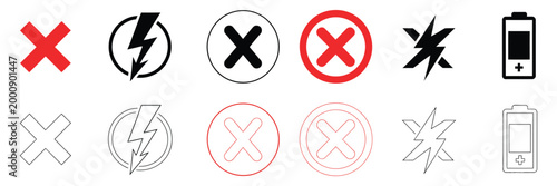 Set of no electricity and no battery signs, no battery icon collection, no lightning symbol ban, blackout icons, power outage warnings